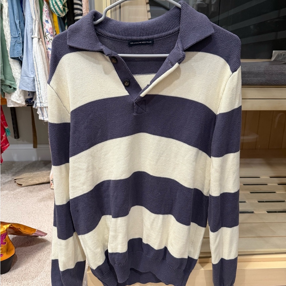 Brandy Melville Blue and Cream Striped Sweater with Collared V-Neck
